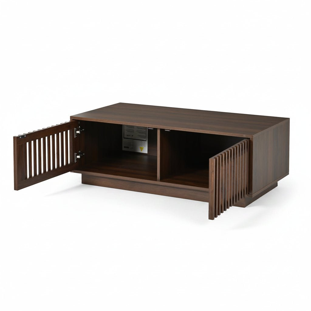 Vetra – Rectangular Coffee Table with Storage & Slat Doors – Walnut