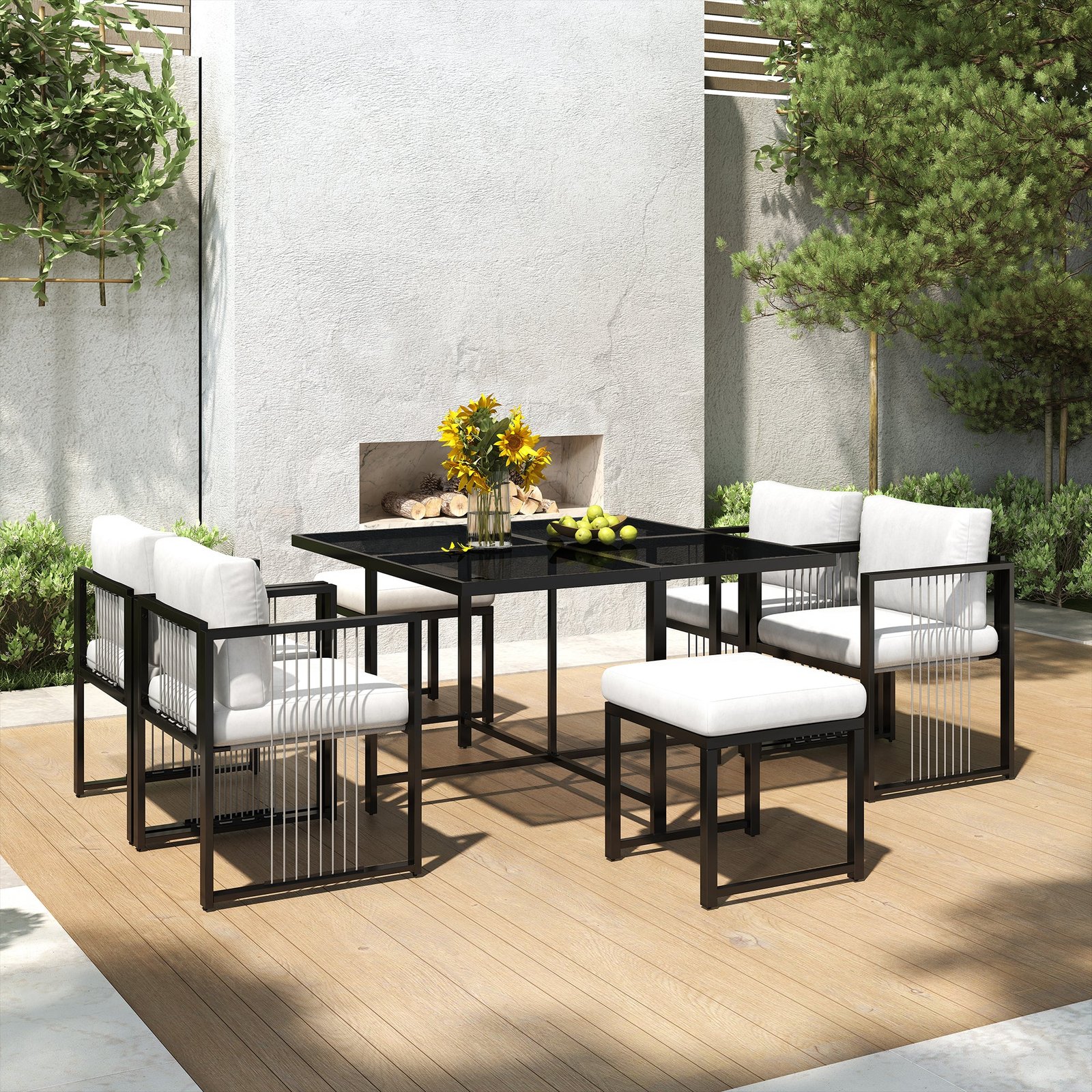 Vetra – 117 cm Garden Table Set with 4 Armchairs & 2 Ottomans – White & Black