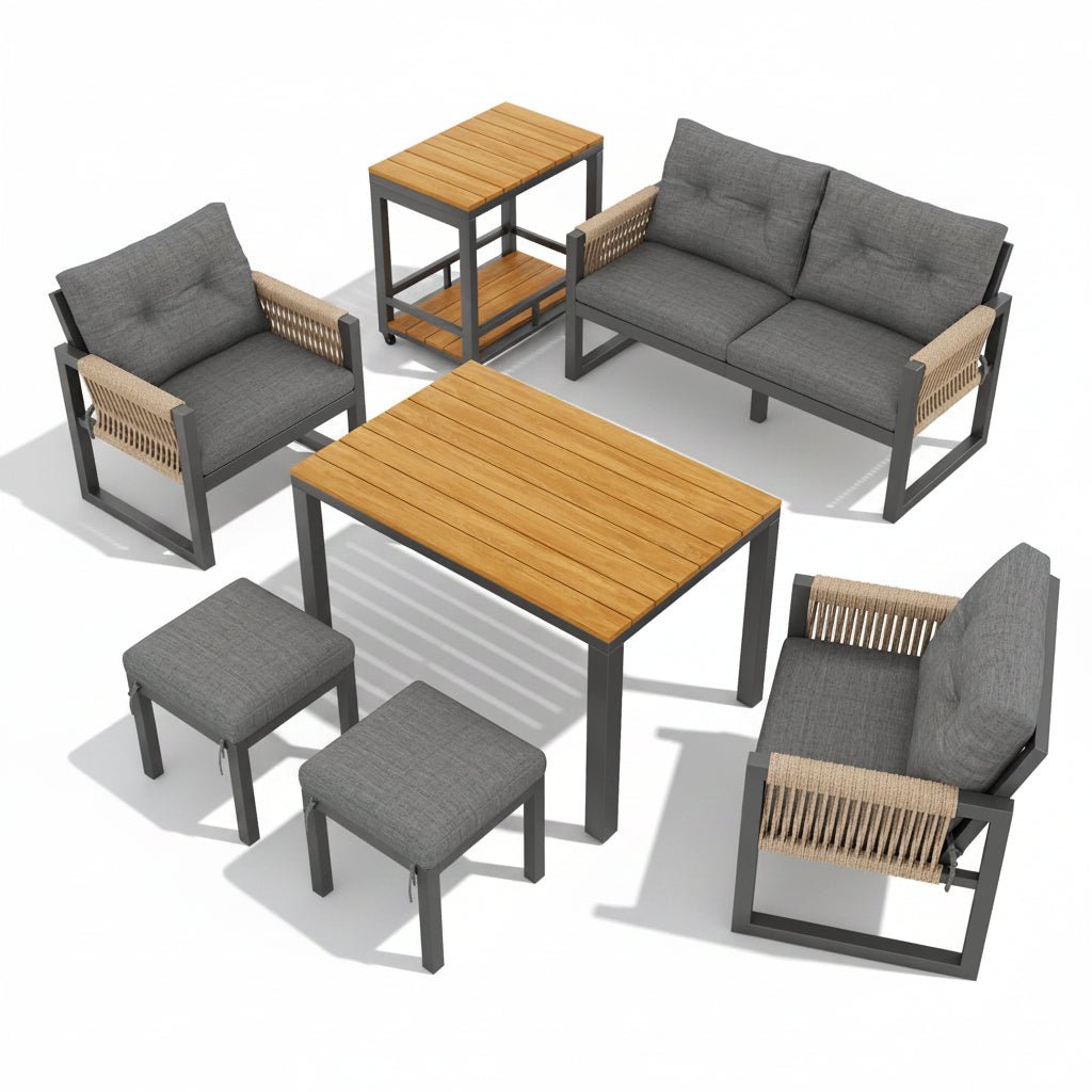 Vetra – Modular Garden Lounge Set with Dining Table & Ottomans – 6 Seater