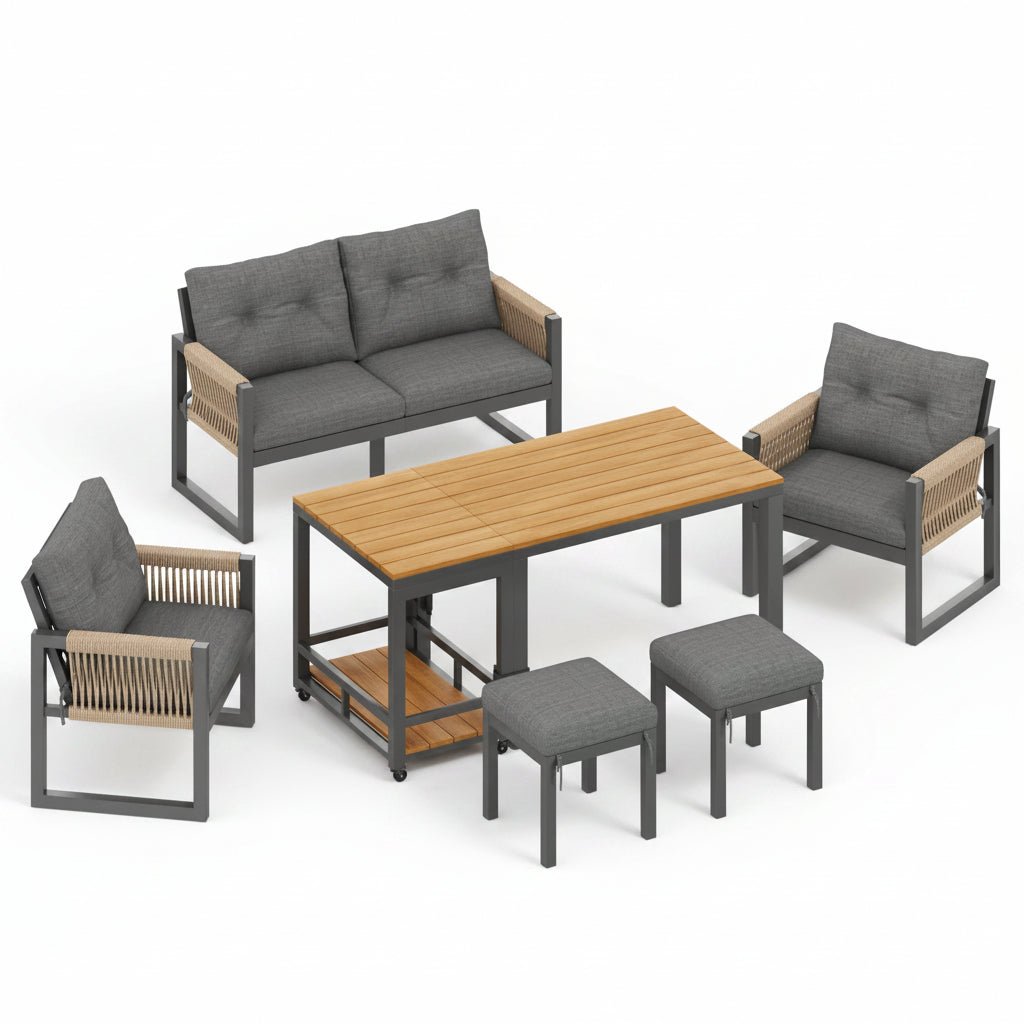 Vetra – Modular Garden Lounge Set with Dining Table & Ottomans – 6 Seater