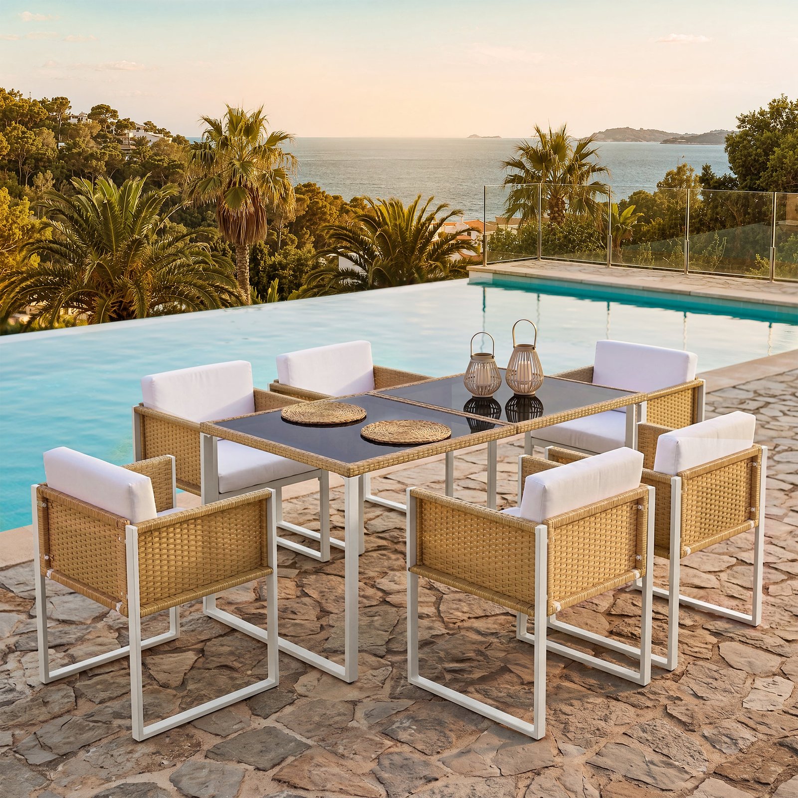 Sora – 170 cm Garden Dining Table & 6 Woven Resin Chairs