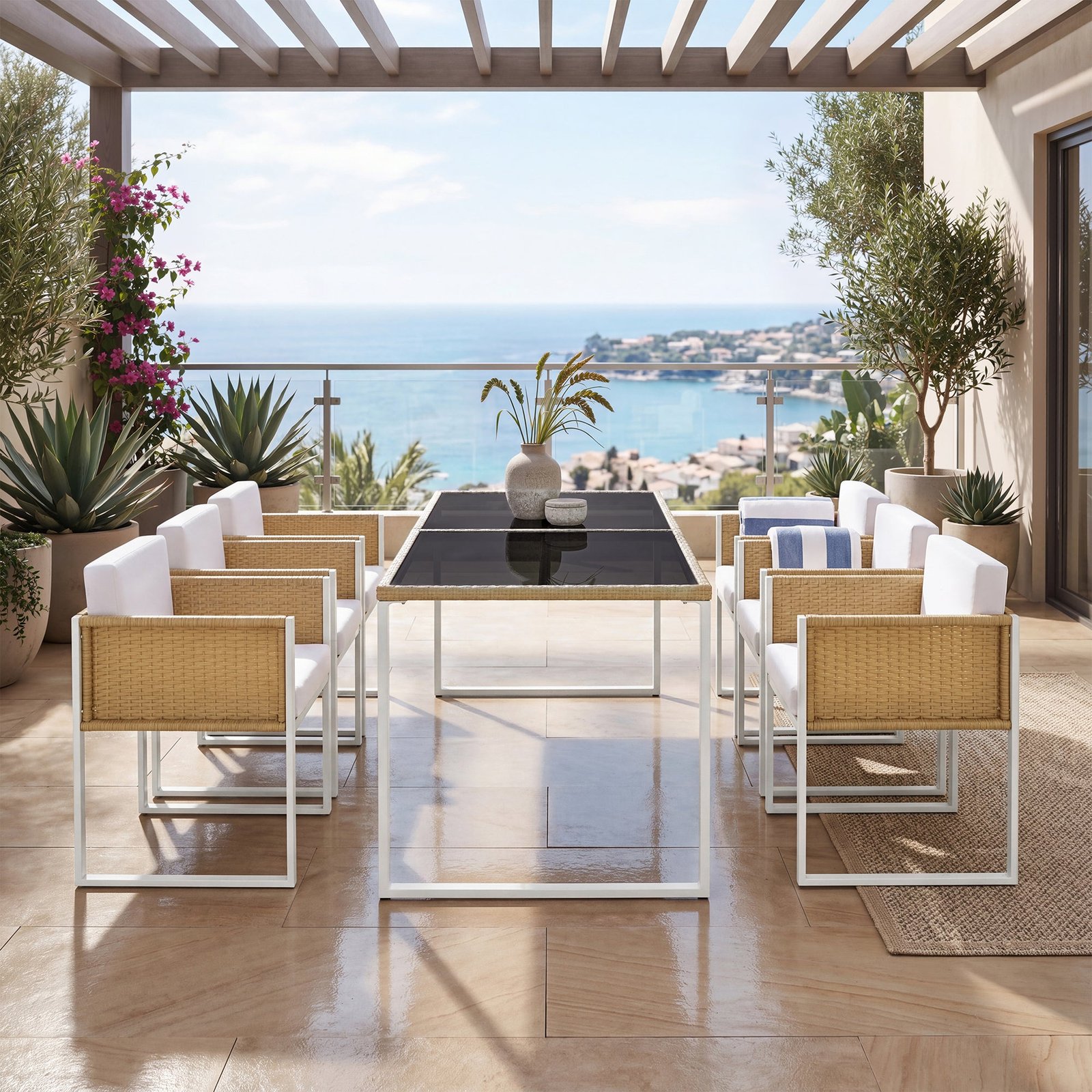 Sora – 170 cm Garden Dining Table & 6 Woven Resin Chairs