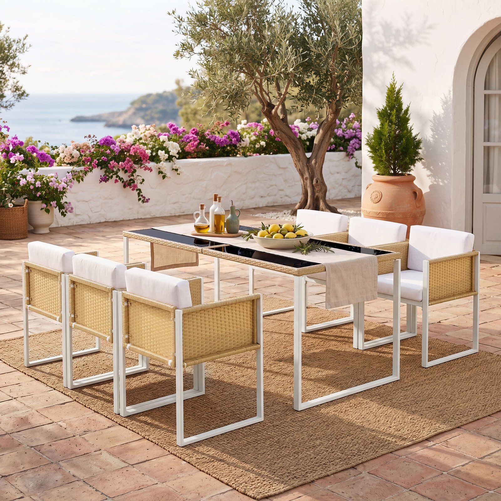 Sora – 170 cm Garden Dining Table & 6 Woven Resin Chairs