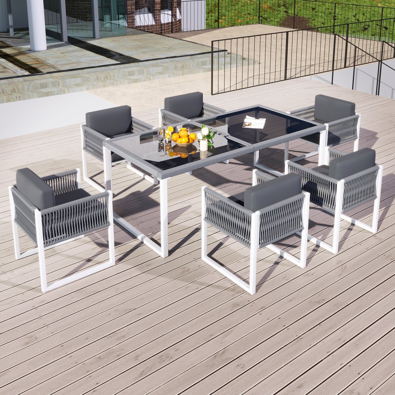 Vetra – 6-Seater Garden Lounge Set in White Aluminum & Braided Rope