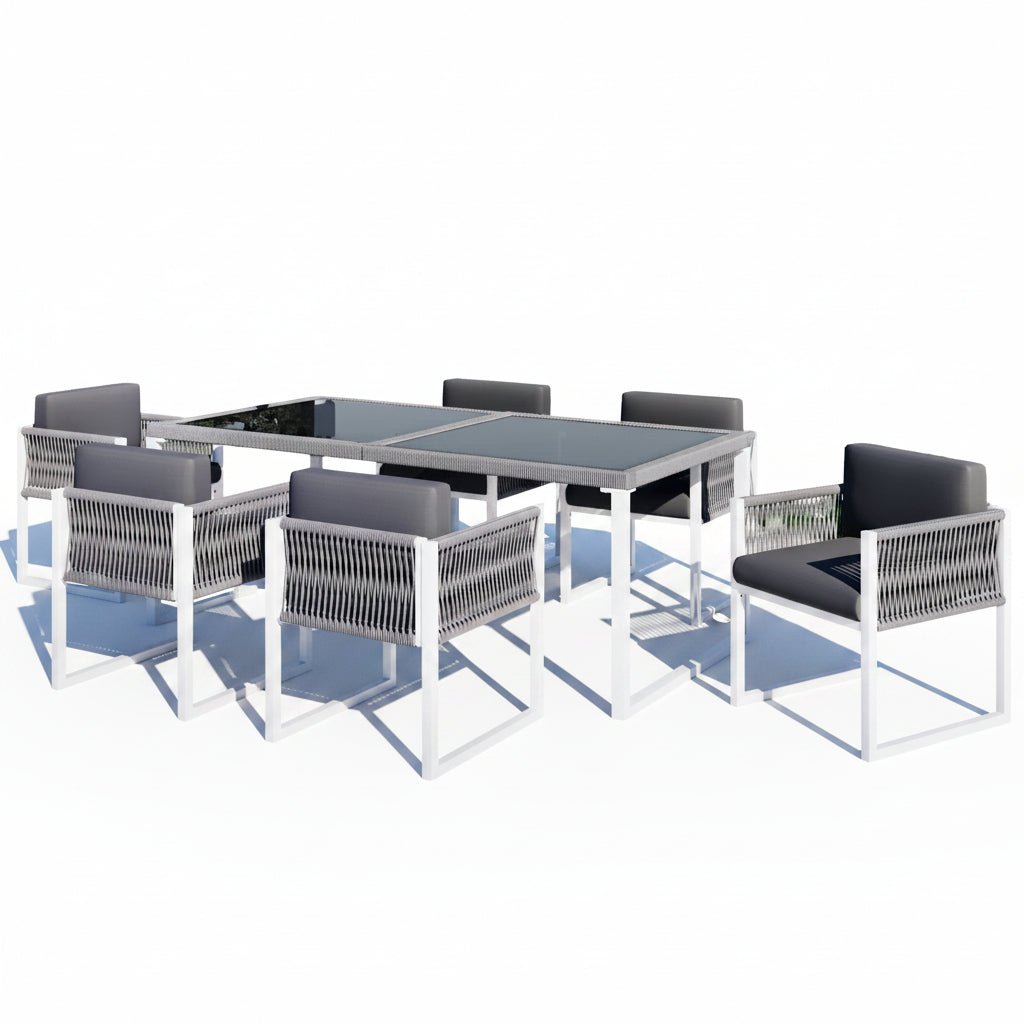 Vetra – 6-Seater Garden Lounge Set in White Aluminum & Braided Rope