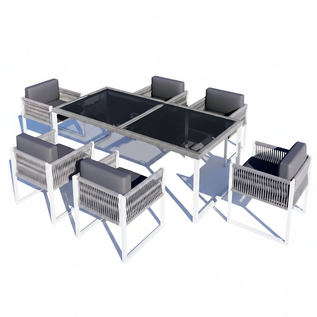 Vetra – 6-Seater Garden Lounge Set in White Aluminum & Braided Rope