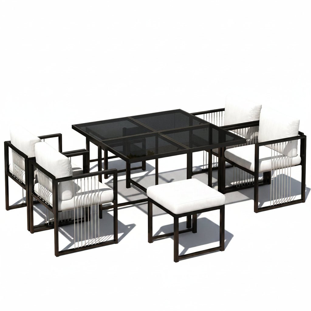 Vetra – 117 cm Garden Table Set with 4 Armchairs & 2 Ottomans – White & Black