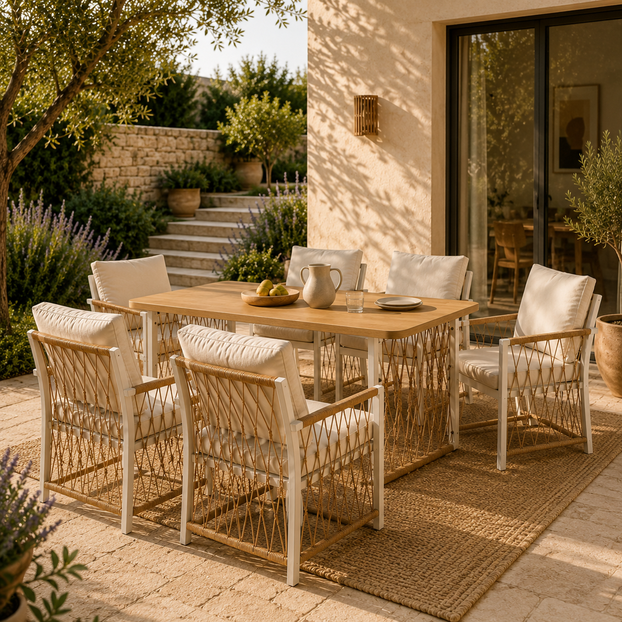 Sora – 6-Seater Garden Furniture Set with Rectangular Table & Woven Chairs