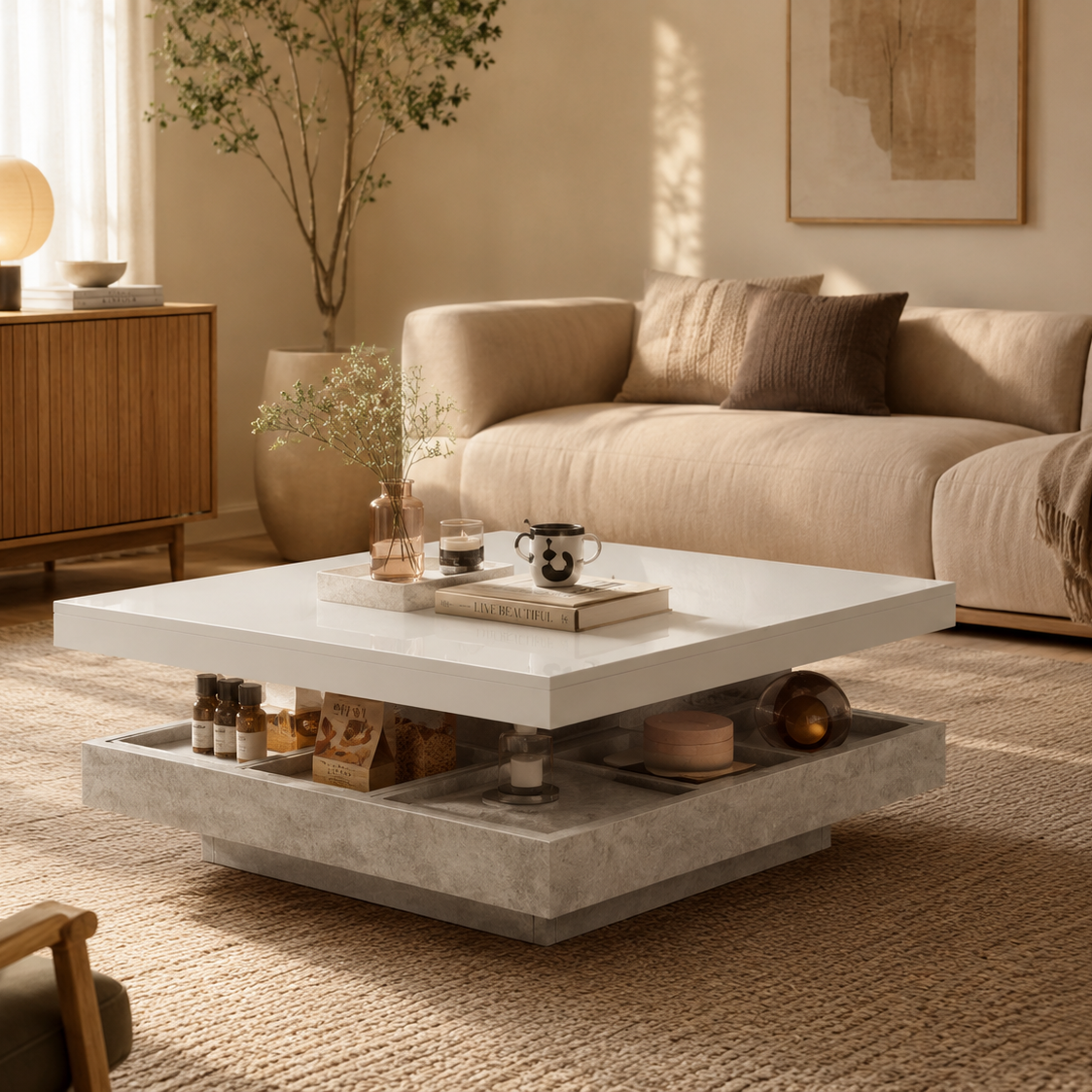 Oria – Swivelling Grey Marble Coffee Table with Storage