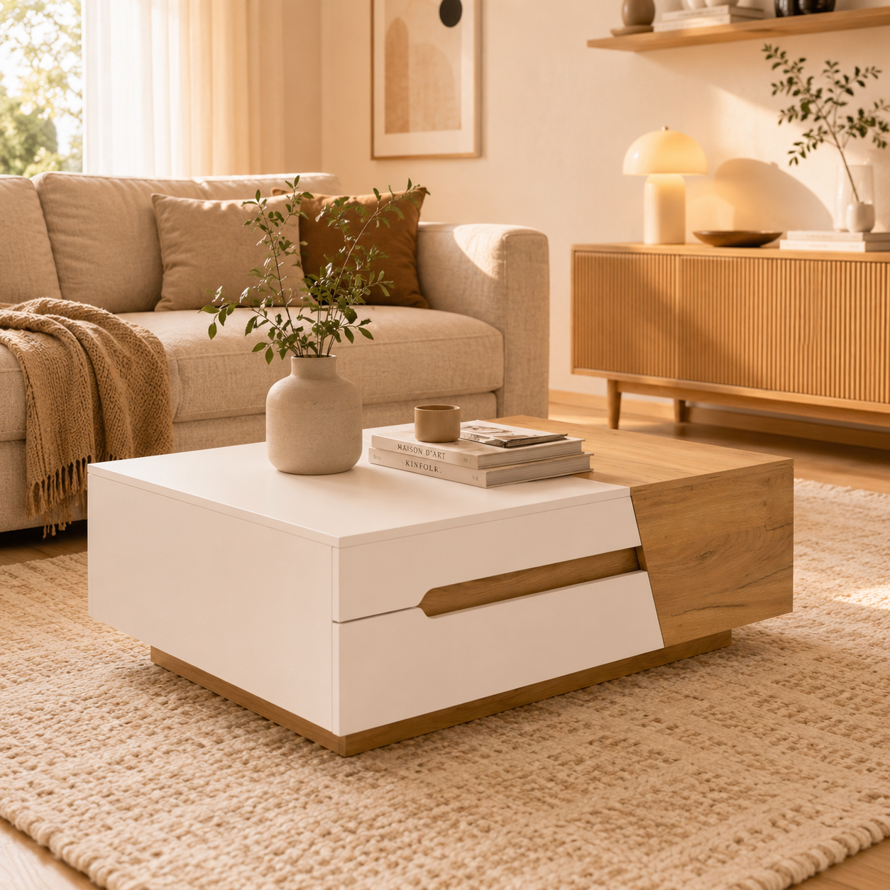 Oria – Modern Coffee Table with Hidden Storage in Light Wood & White